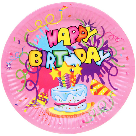 Тарелка бумажная 18 см в наборе 10 шт "HAPPY B-DAY!", Розовый