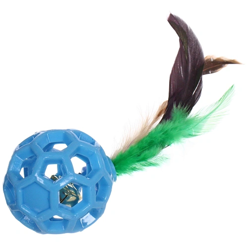 Игрушка - шарик для кошек МУРОЧКИН, цвет синий, с бубенчиком и перышками, 4,5см_3