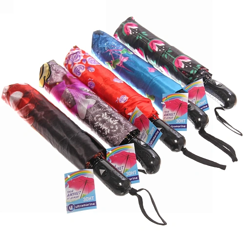 Зонт женский полуавтомат Ультрамарин - Венера, микс 6 цветов, 8 спиц, d-100см, длина в слож виде 28см, голубые цветы_31