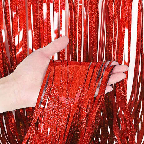 Занавес фольгированный TINSEL "Дождь" ш1м, в2м (галограмма), Красный